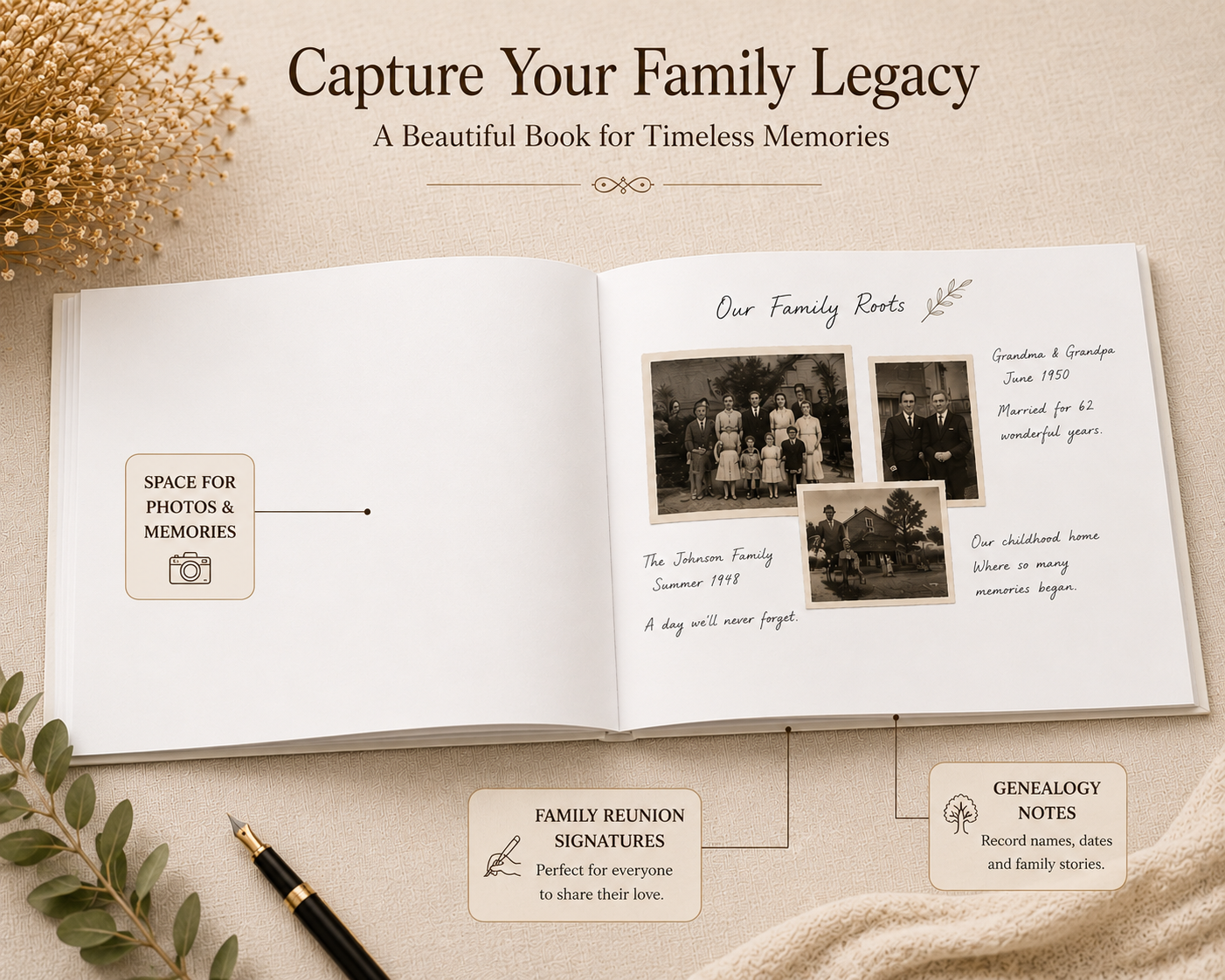 Custom Family Reunion Guest Book with Blank White Pages, 11" x 8.5