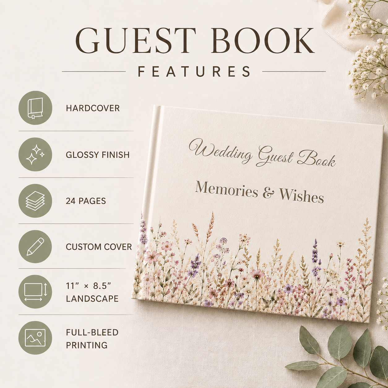 Boho Wedding Guest Book, Blank White Pages, 11" x 8.5"