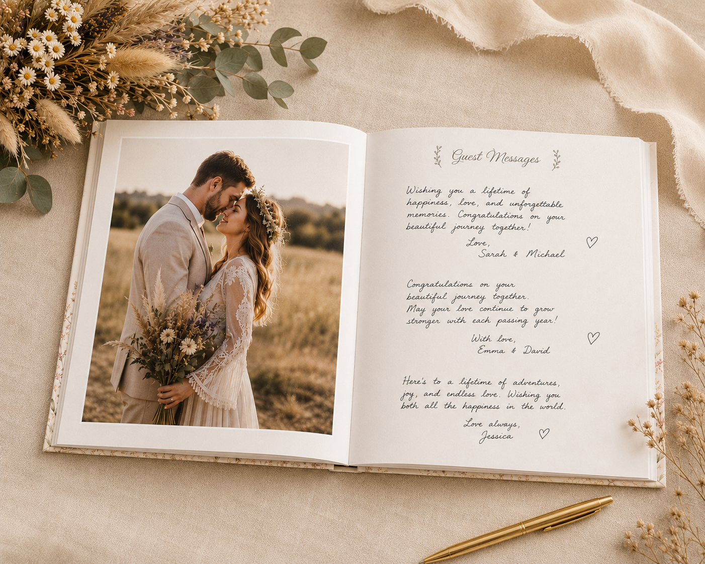 Boho Wedding Guest Book, Blank White Pages, 11" x 8.5"