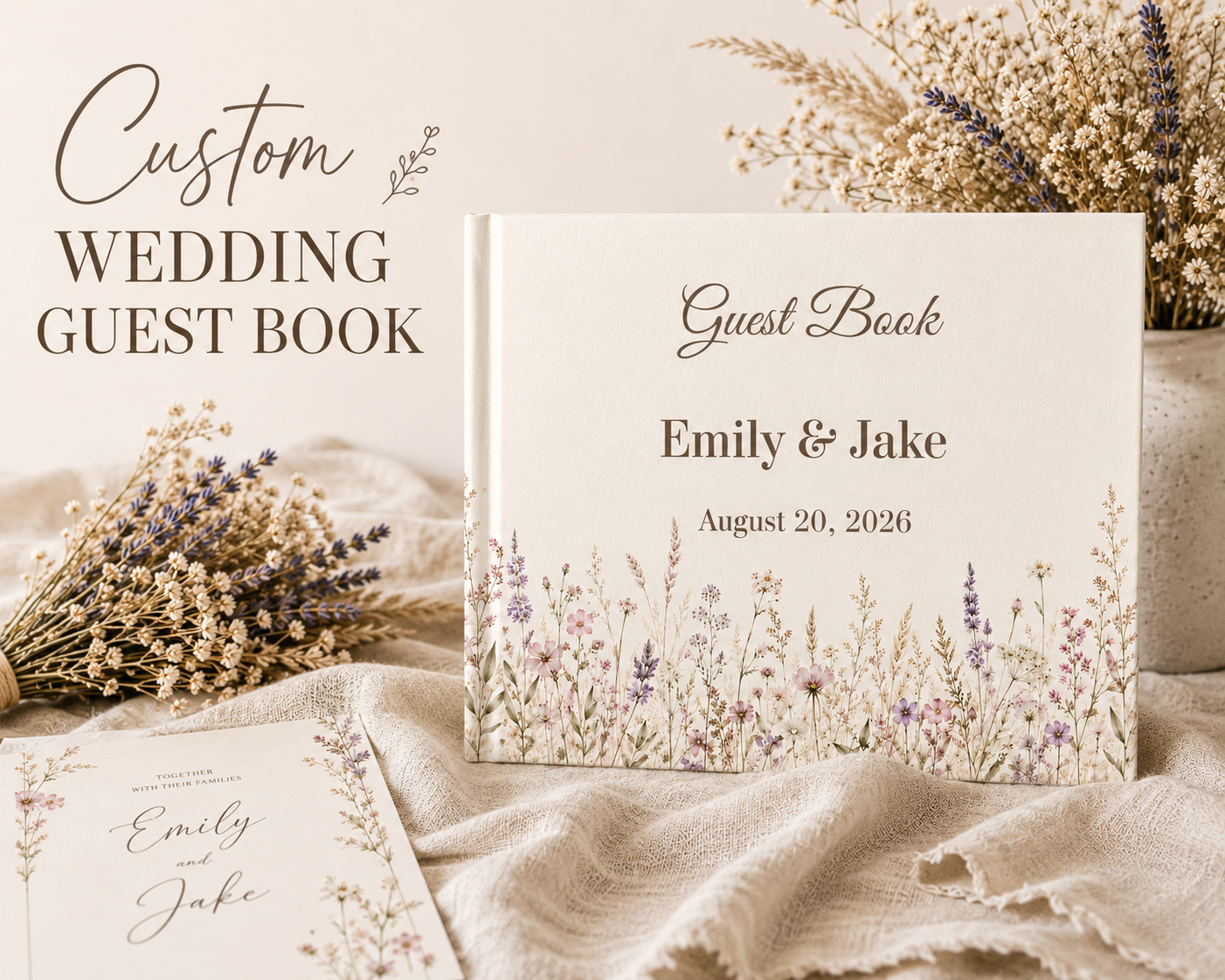 Custom Boho Wedding Guest Book, Blank White Pages, 11" x 8.5"
