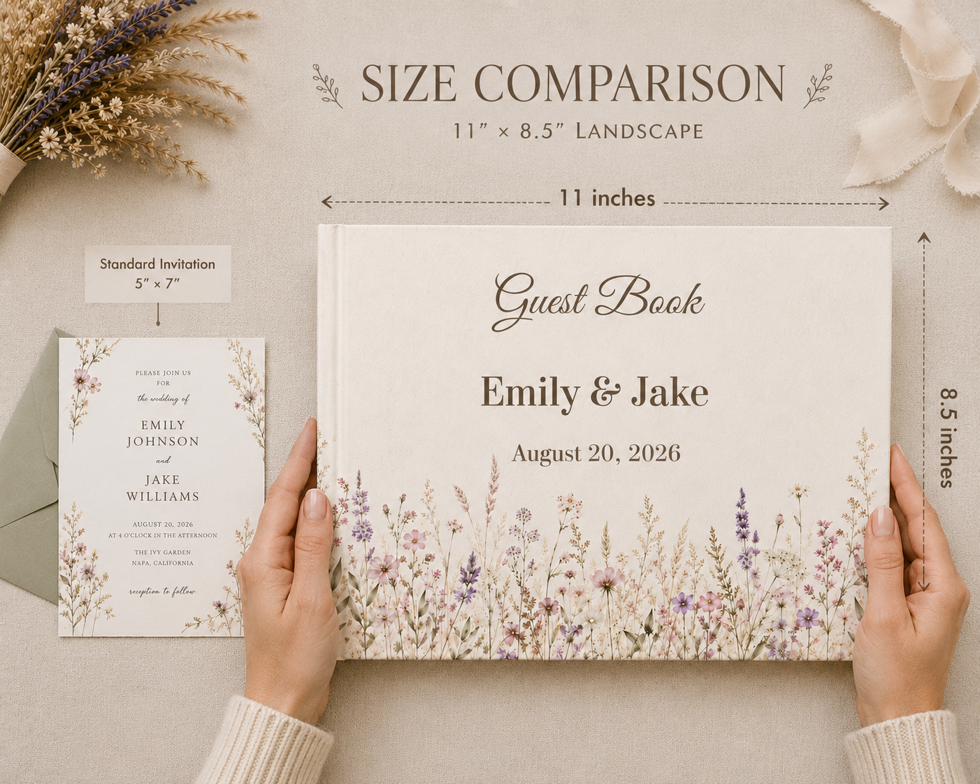 Custom Boho Wedding Guest Book, Blank White Pages, 11" x 8.5"