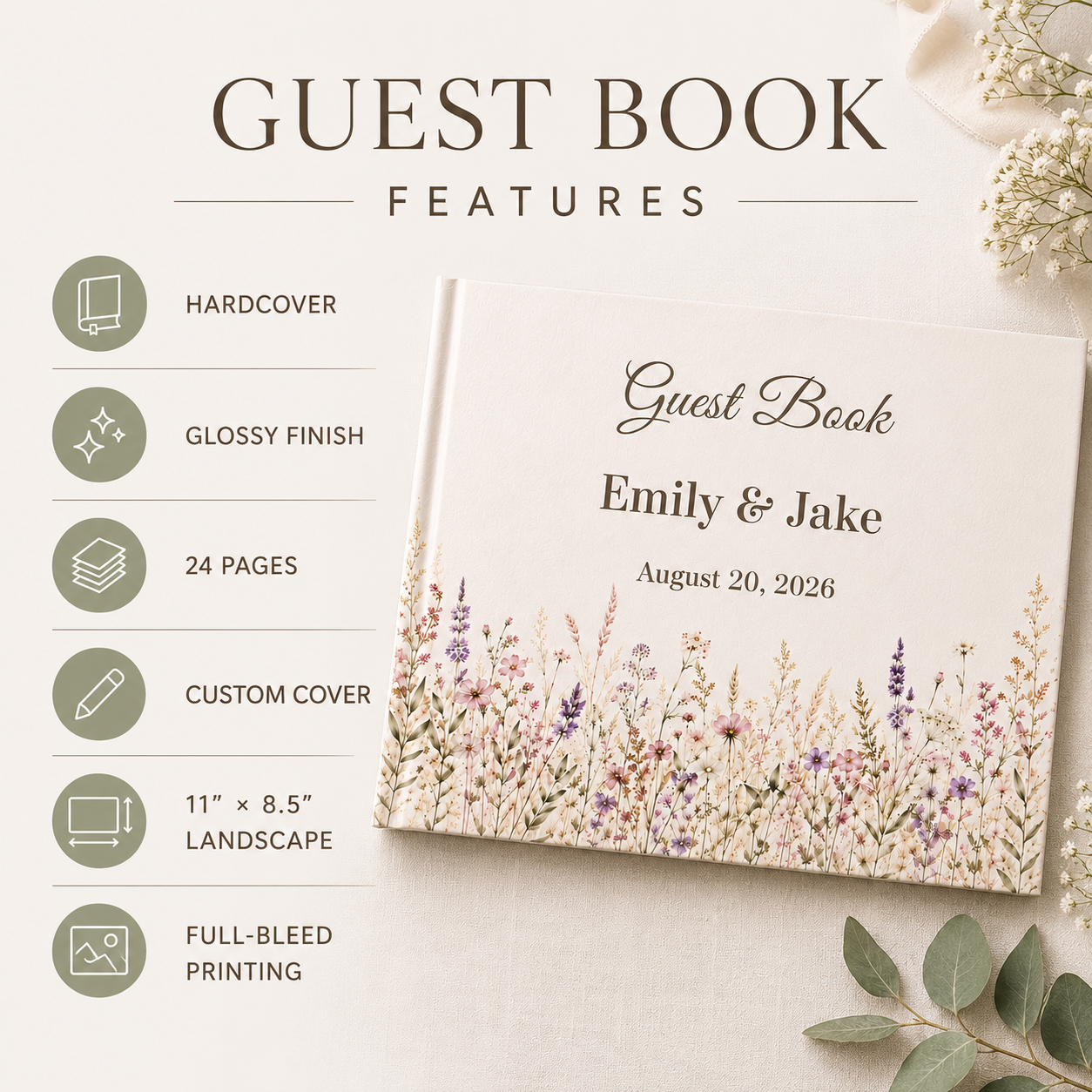 Custom Boho Wedding Guest Book, Blank White Pages, 11" x 8.5"