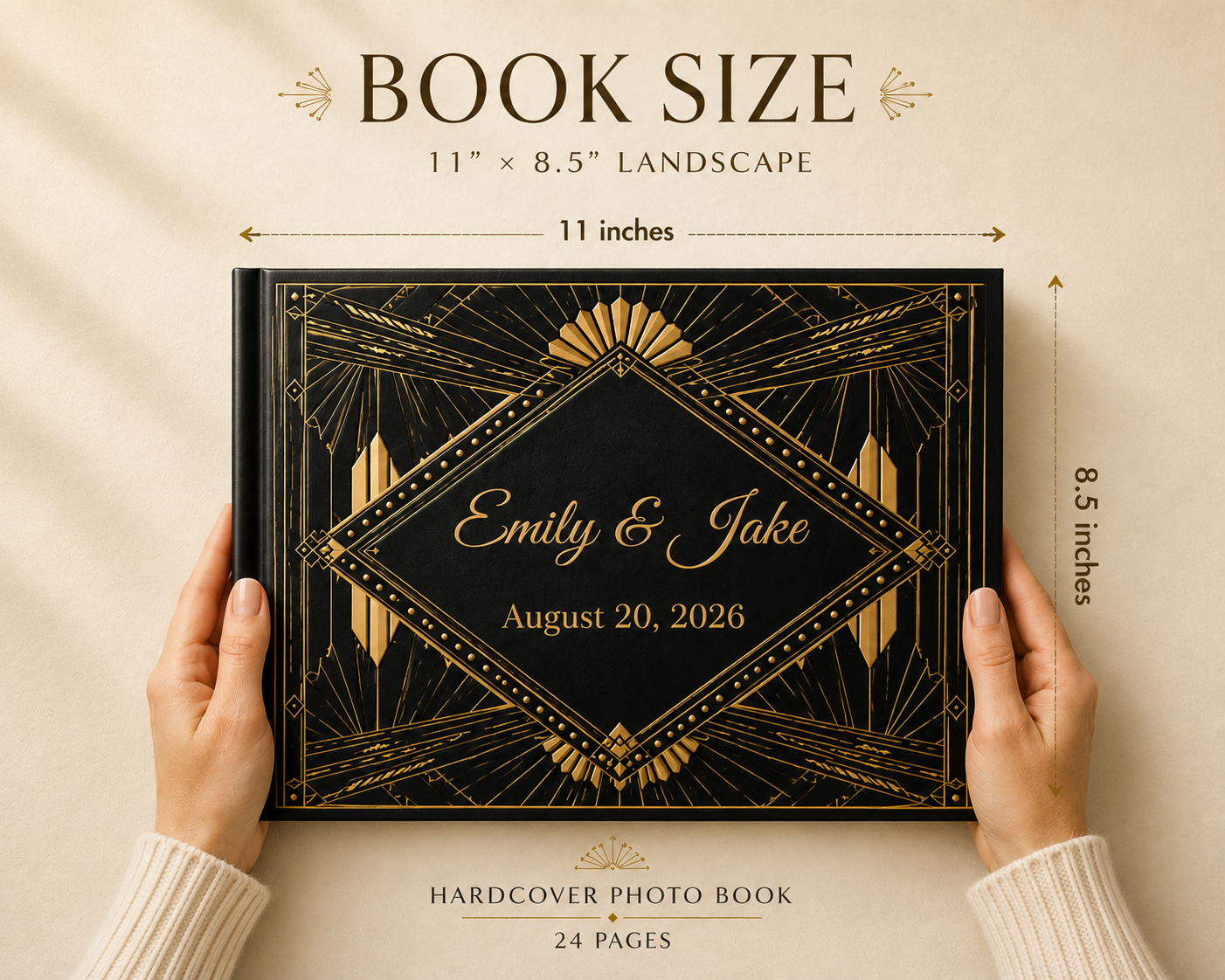 Custom Art Deco Guest Photo Book, Blank White Pages, 11" x 8.5"