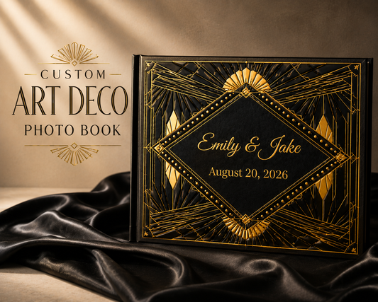 Custom Art Deco Guest Photo Book, Blank White Pages, 11" x 8.5"
