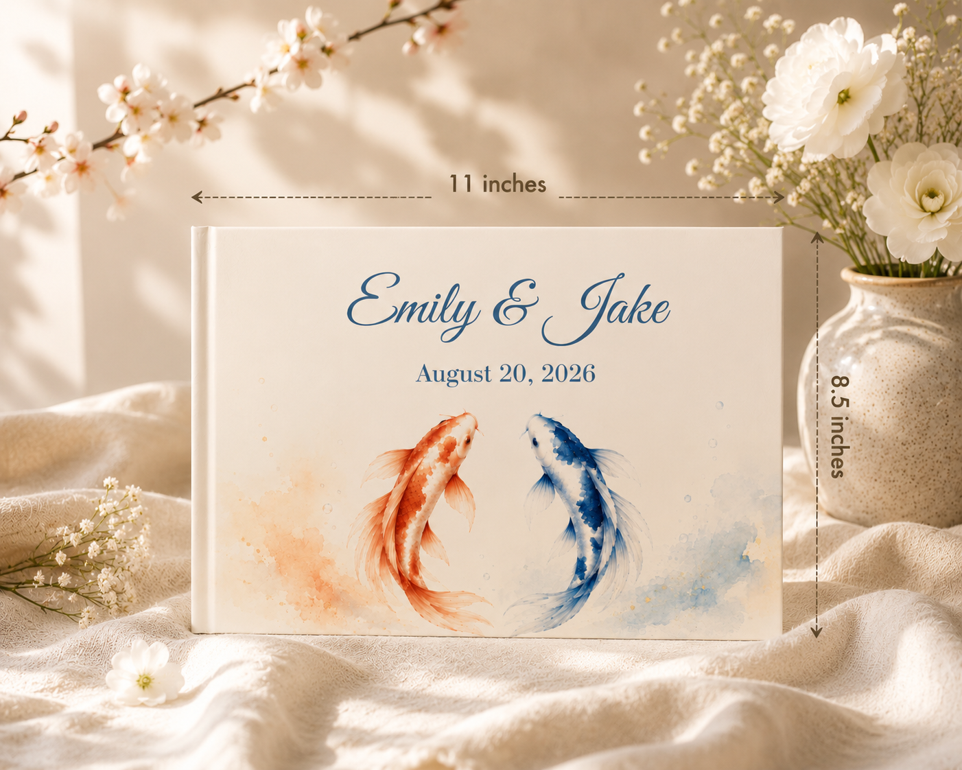 Custom Fish Wedding Guest Book with Blank White Pages, 11" x 8.5"