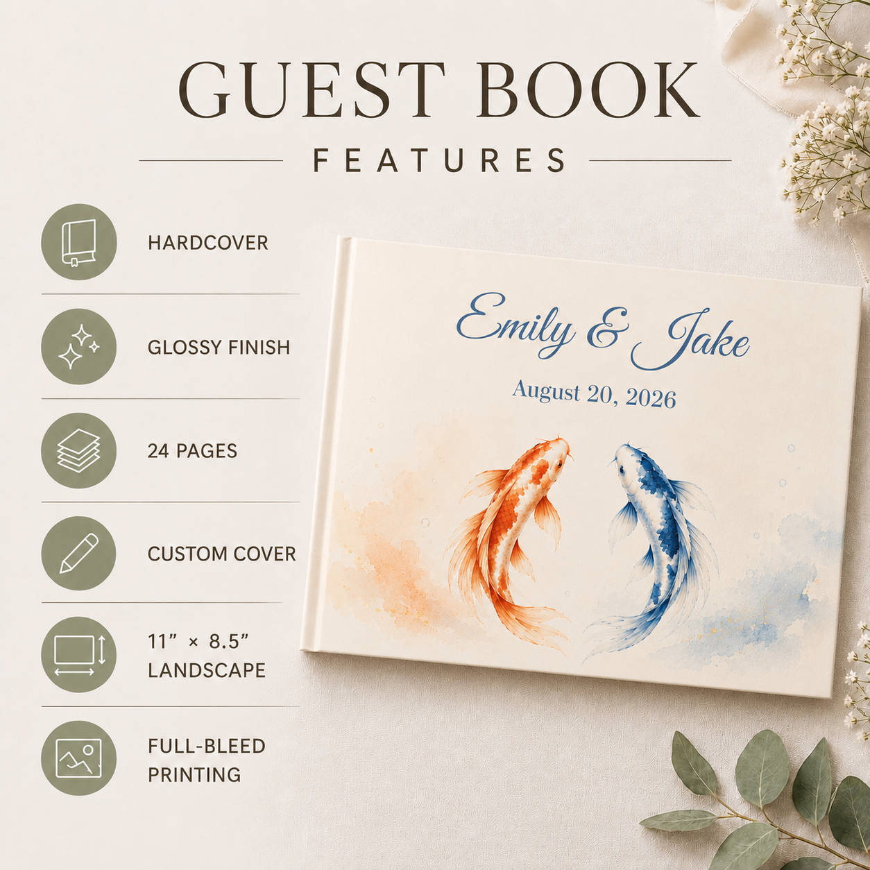 Custom Fish Wedding Guest Book with Blank White Pages, 11" x 8.5"