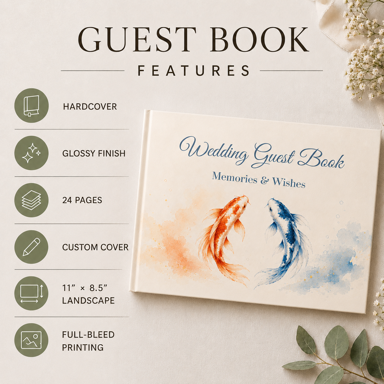 Fish Wedding Guest Book with Blank White Pages, 11" x 8.5"