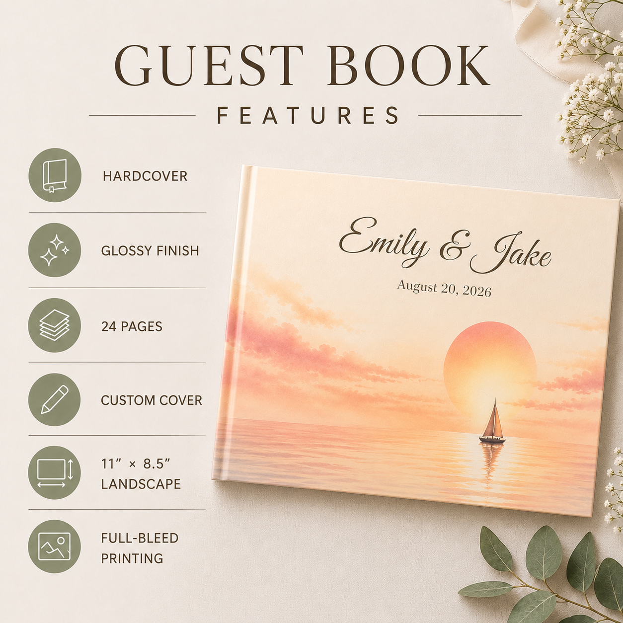 Custom Sailboat Guest Book with Blank White Pages, 11" x 8.5"