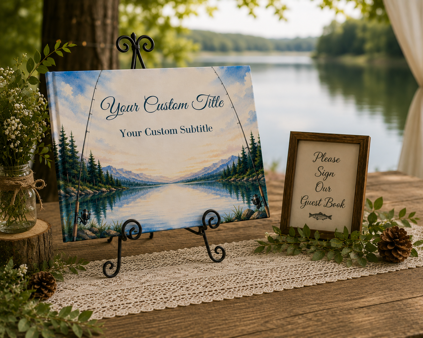 Custom Fishing Theme Guest Book with Blank White Pages, 11" x 8.5