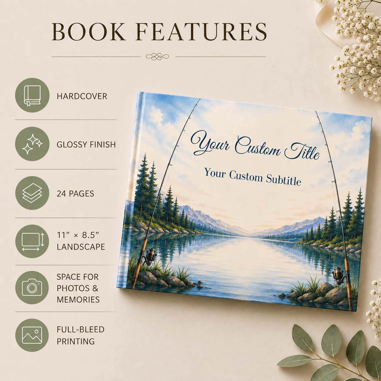 Custom Fishing Theme Guest Book with Blank White Pages, 11" x 8.5