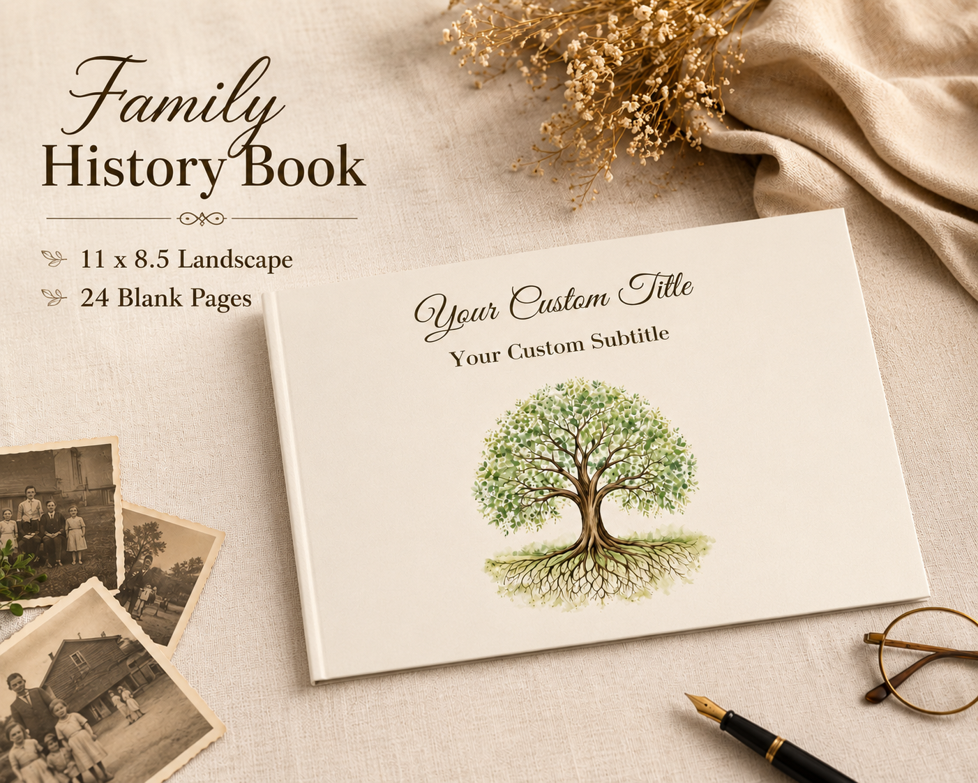 Custom Family Reunion Guest Book with Blank White Pages, 11" x 8.5