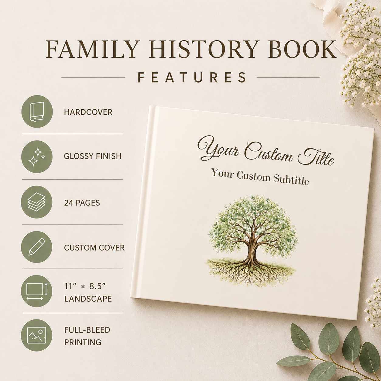 Custom Family Reunion Guest Book with Blank White Pages, 11" x 8.5