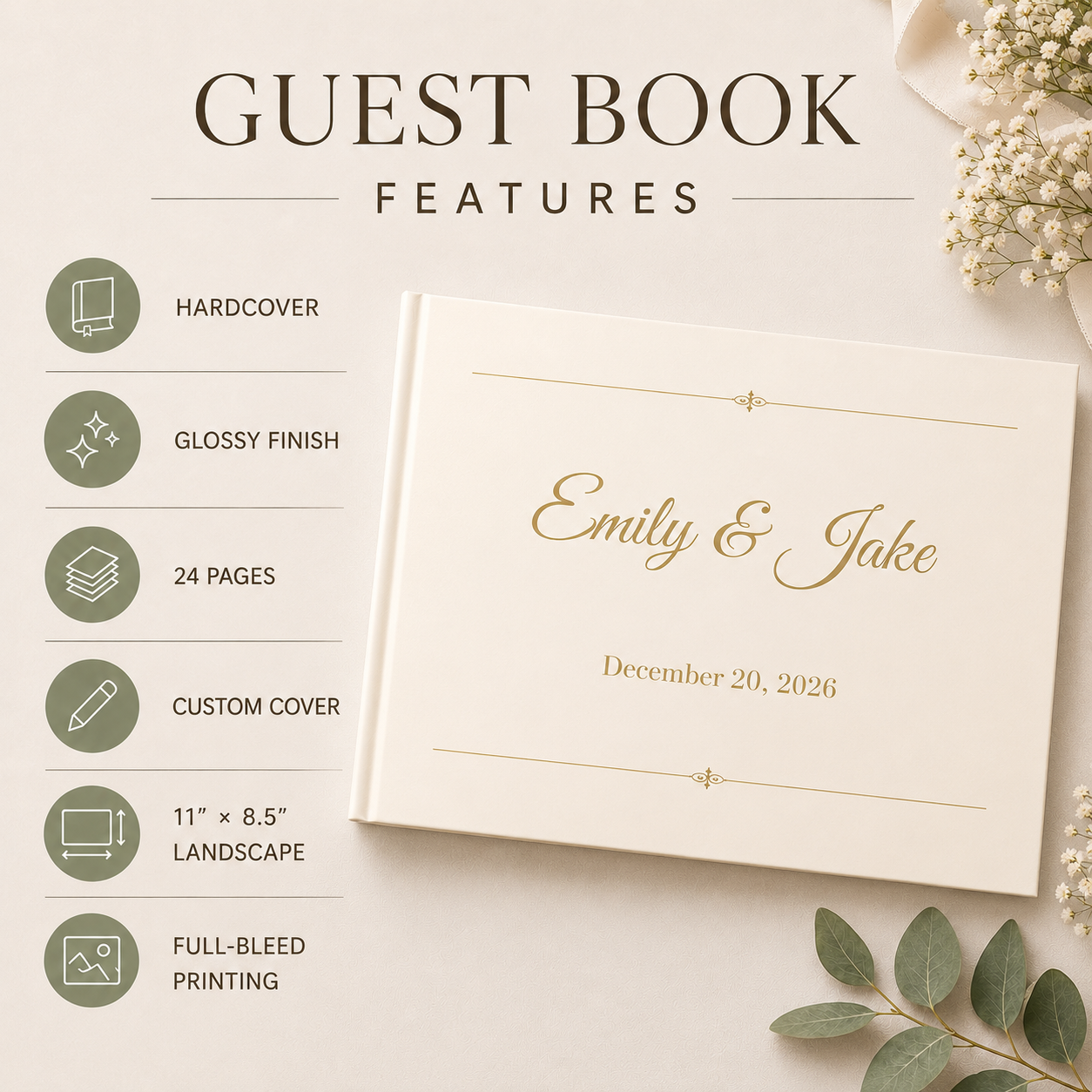 Custom Small Wedding Guest Book with Blank White Pages, 11" x 8.5