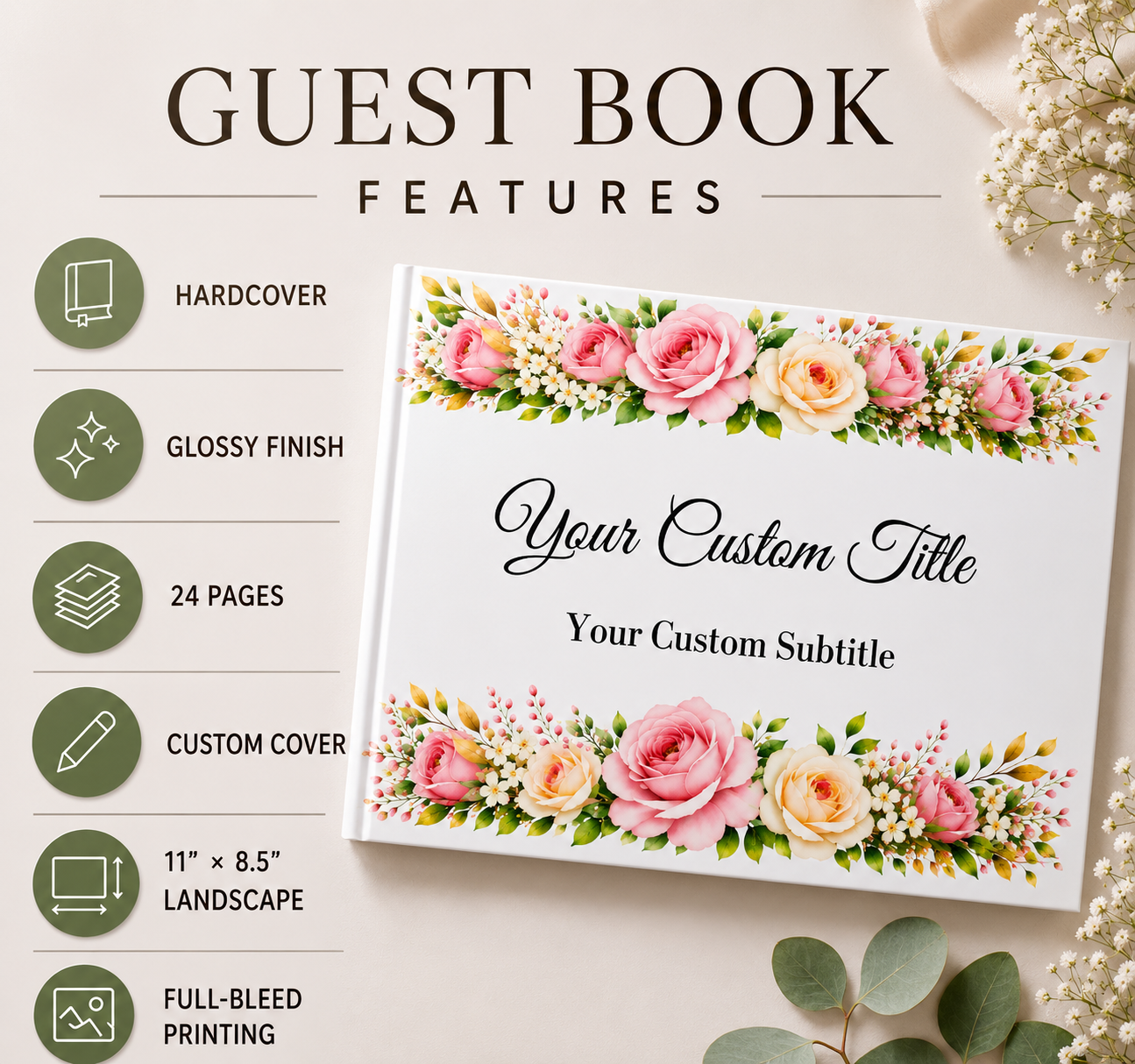 Custom Floral Guest Book with Blank White Pages, 11" x 8.5