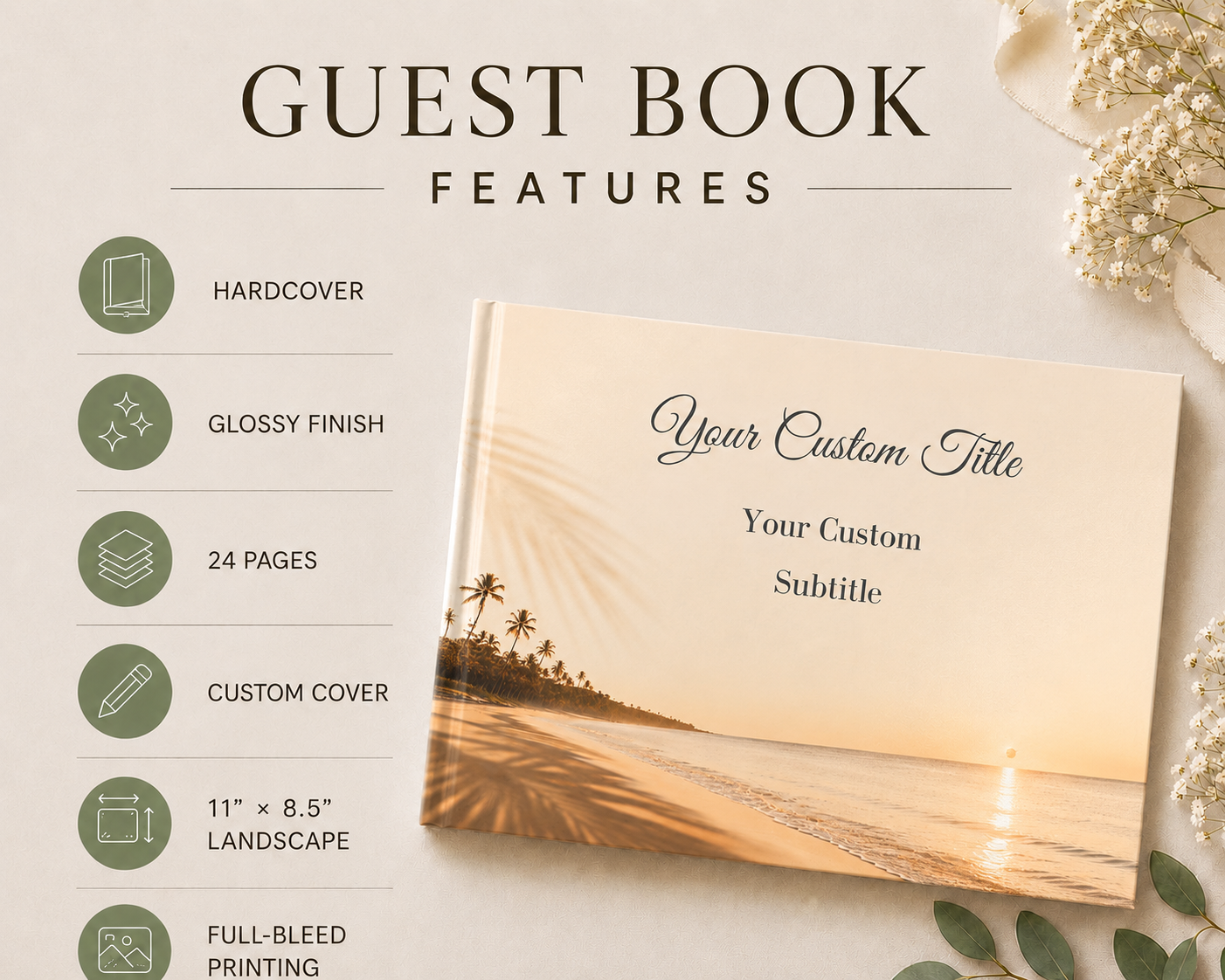Custom Vacation Photo Album with Blank White Pages, 11" x 8.5