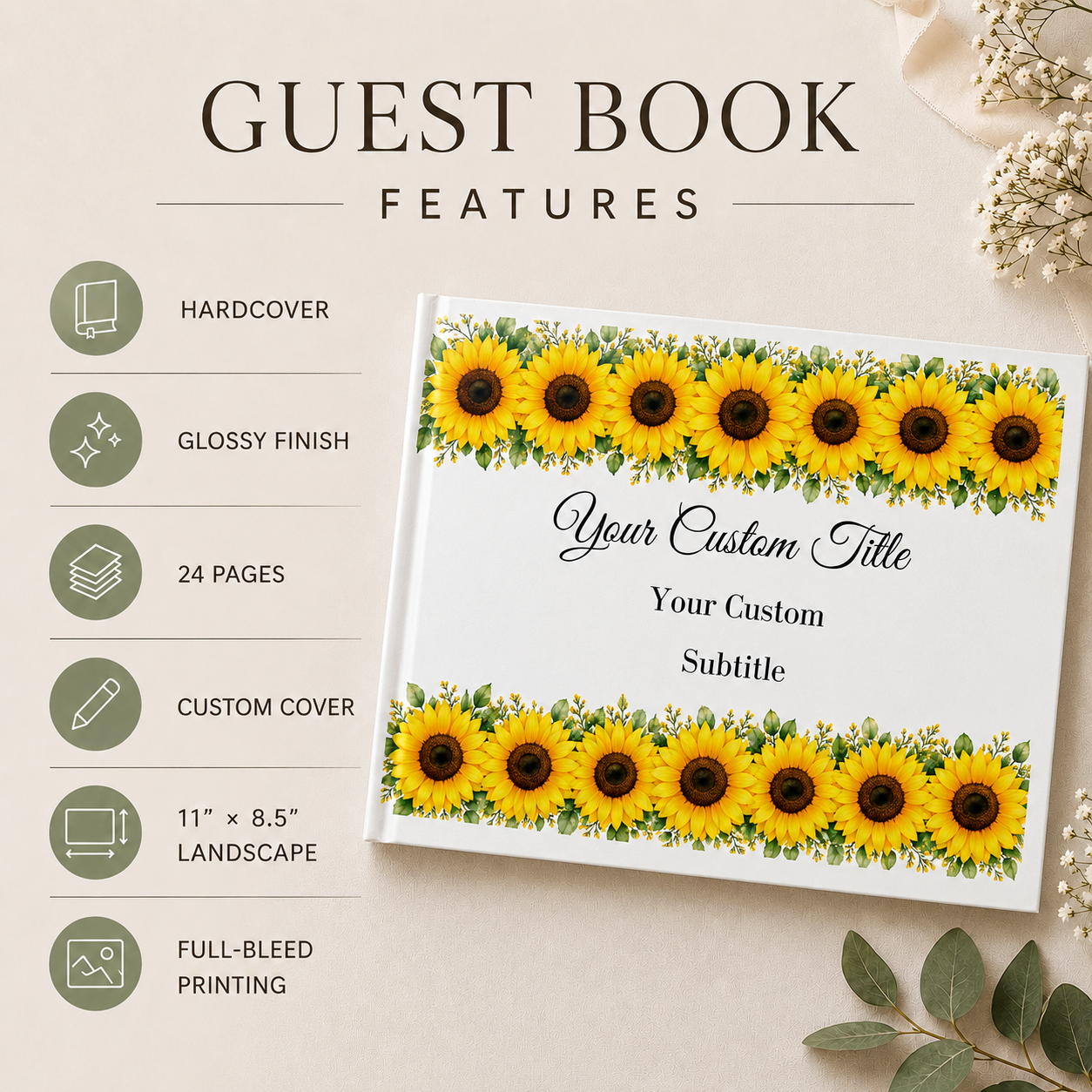 Custom Sunflower Photo Album with Blank White Pages, 11" x 8.5