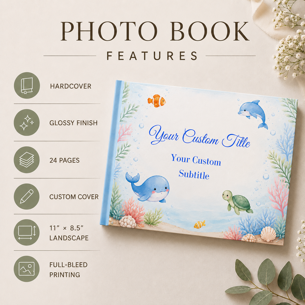 Custom Under the Sea Photo Album with Blank White Pages, 11" x 8.5