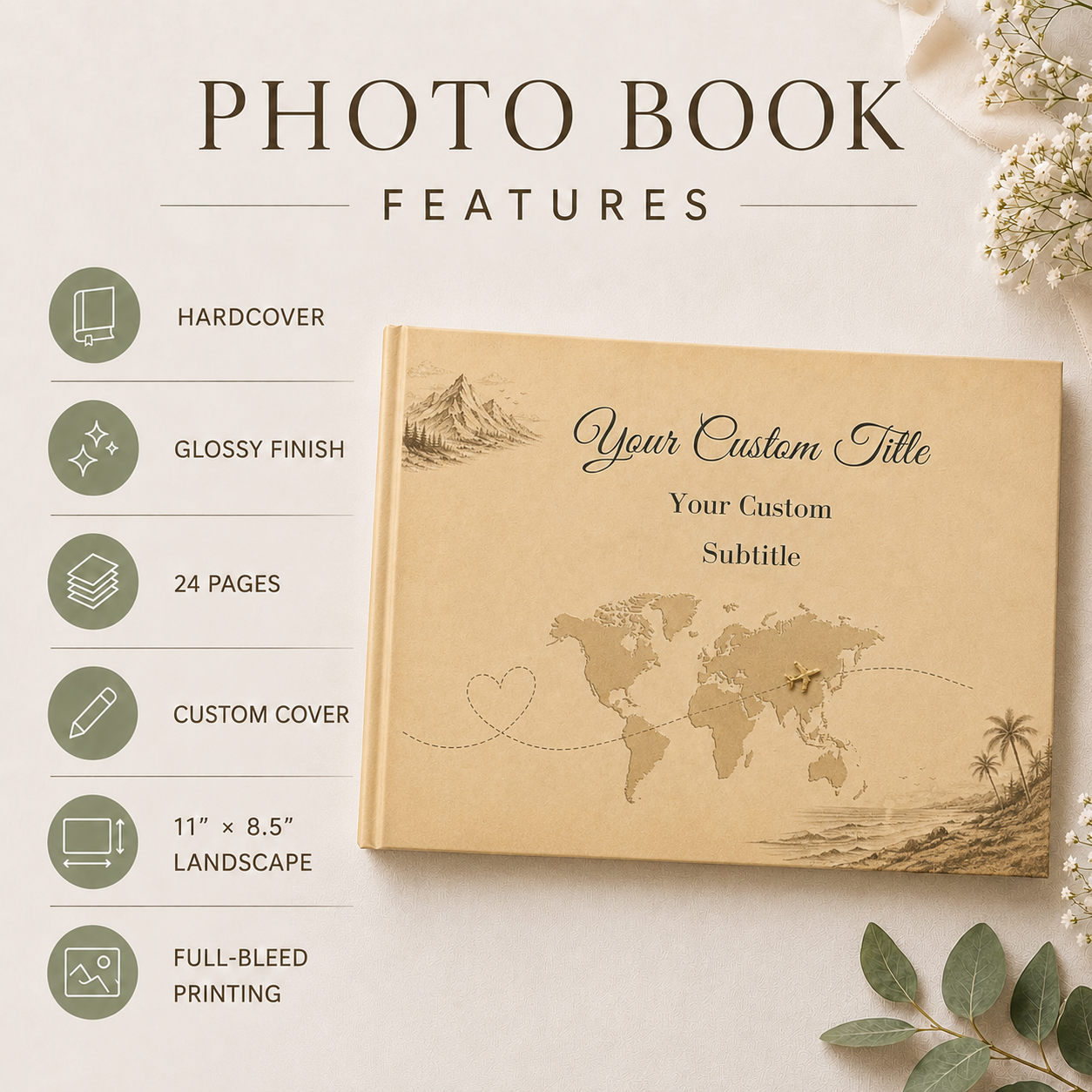 Travel Themed Photo Guest Book with Blank White Pages, 11" x 8.5