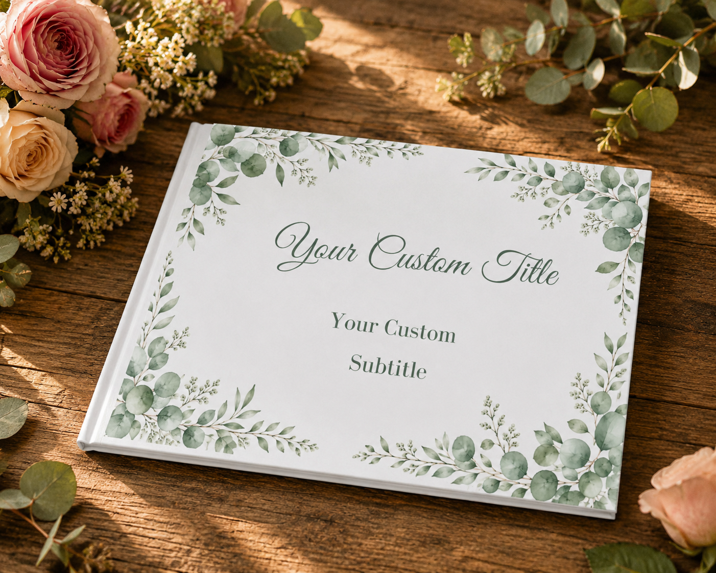 Custom Eucalyptus Wedding Guest Book with Blank White Pages, 11" x 8.5