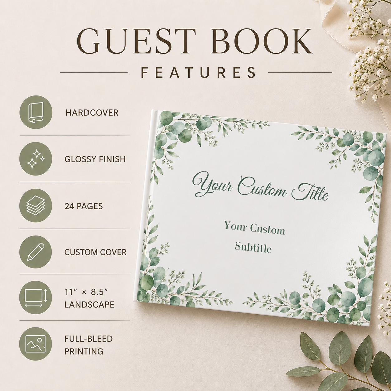 Custom Eucalyptus Wedding Guest Book with Blank White Pages, 11" x 8.5